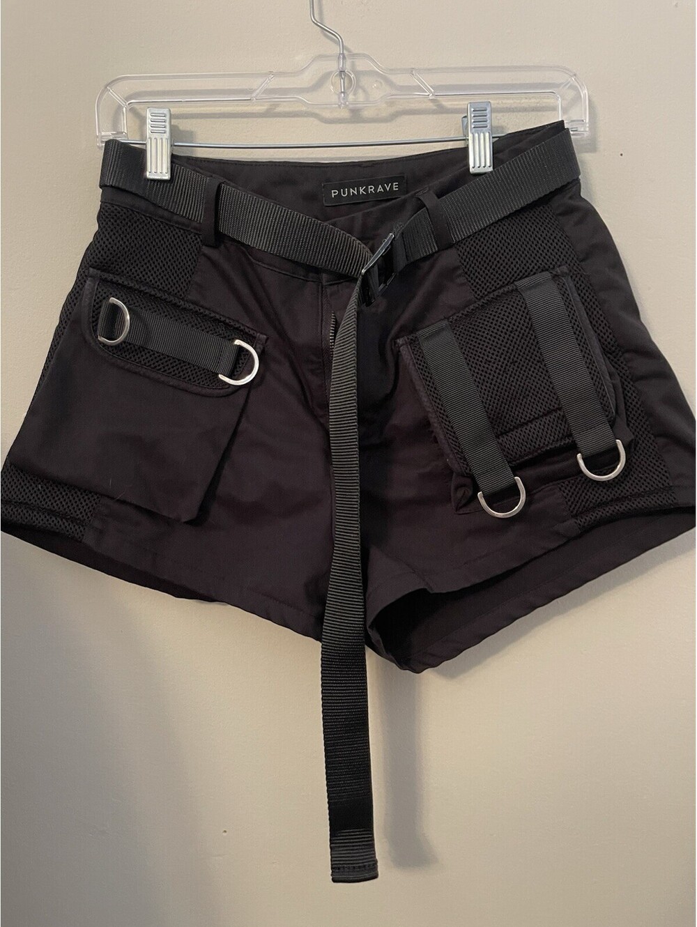 Punk Rave Cargo Lara Croft Black Cargo Shorts XS Belt Pockets Micro Mini